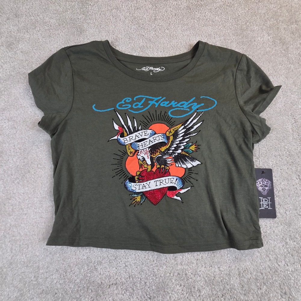 Ed Hardy Womens Olive Green Brave Hearts Stay True Rhinestone Crop Top L NEW
